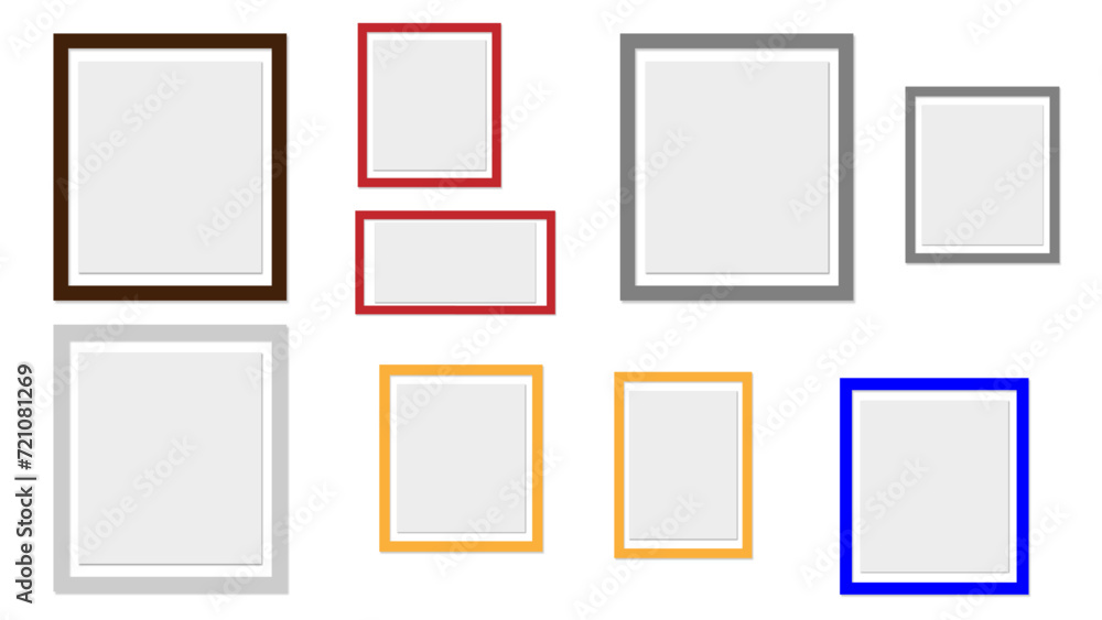 Couple picture photo frames mockup, wall presentation, black and white thin rectangular horizontal frame with shadow, two horizontal blank frame border mockup - photo frames sets. vector illustration Couple picture photo frames mockup, wall presentation, black and white thin rectangular horizontal frame with shadow, two horizontal blank frame border mockup - photo frames sets. vector illustration