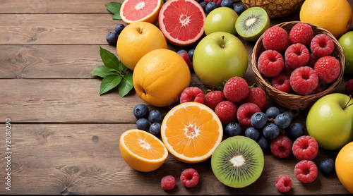 Background with various fresh fruits on a wooden table. There are apples  strawberries  grapes  pomegranates  bananas  peers  berries  kiwi  oranges and pineapples all looking fresh