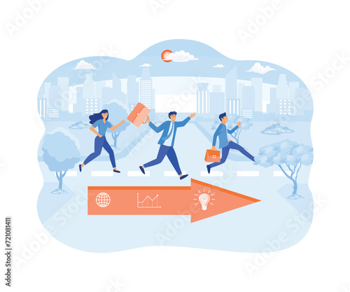 Business competition. Three business people racing with arrows. flat vector modern illustration 