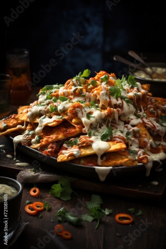 Buffalo Chicken Nachos with Blue Cheese Dressing. Best For Banner, Flyer, and Poster