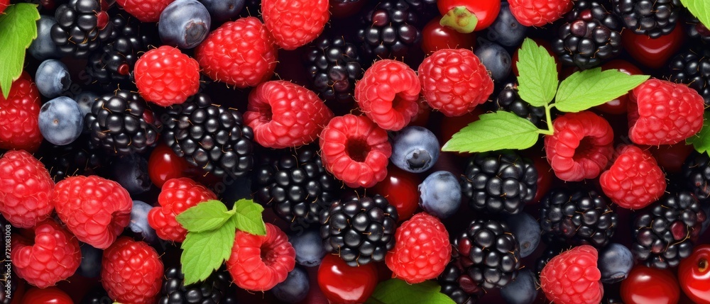 A vibrant top view of an array of fresh berries: blueberries, raspberries, and blackberries, Ai Generated A vibrant top view of an array of fresh berries: blueberries, raspberries, and blackberries, Ai Generated