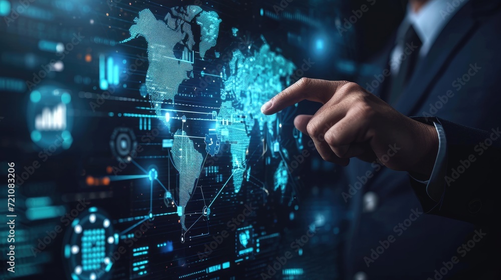 Social media engagement by businessman, using digital map and data charts, Ai Generated Social media engagement by businessman, using digital map and data charts, Ai Generated