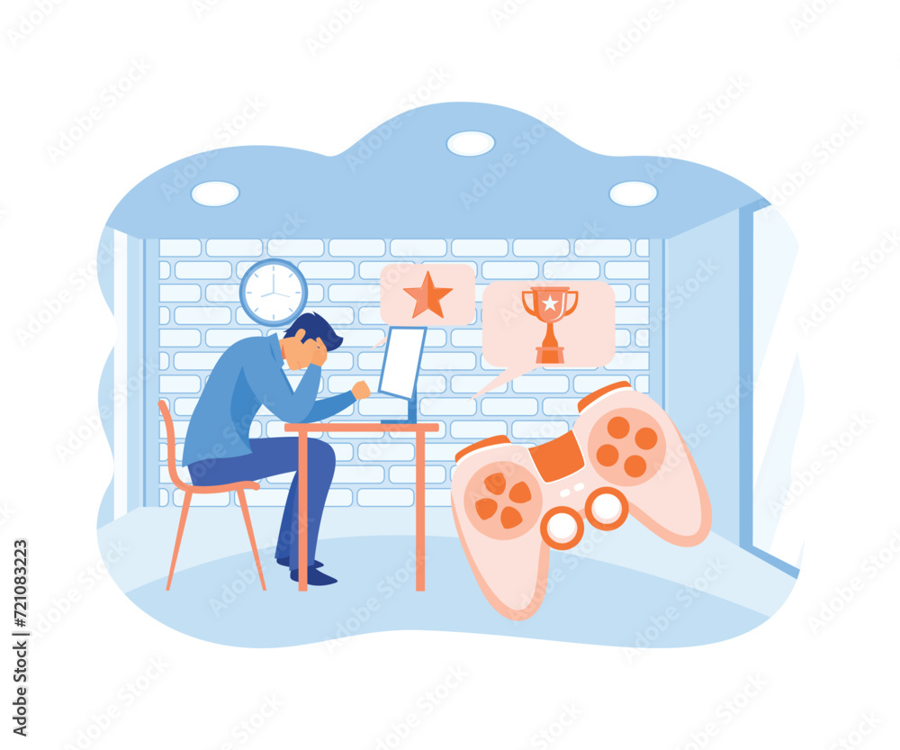 Digital overload, Screen liking and addiction, social media, gaming disorder, video game addict. flat vector modern illustration Digital overload, Screen liking and addiction, social media, gaming disorder, video game addict. flat vector modern illustration