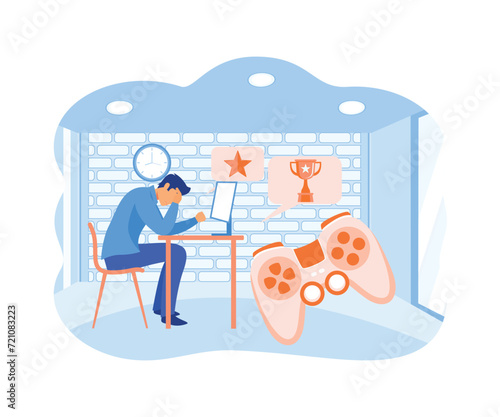 Digital overload, Screen liking and addiction, social media, gaming disorder, video game addict. flat vector modern illustration 