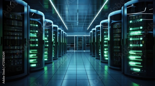 A vast warehouse transformed into a computer networking server room hub, Ai Generated