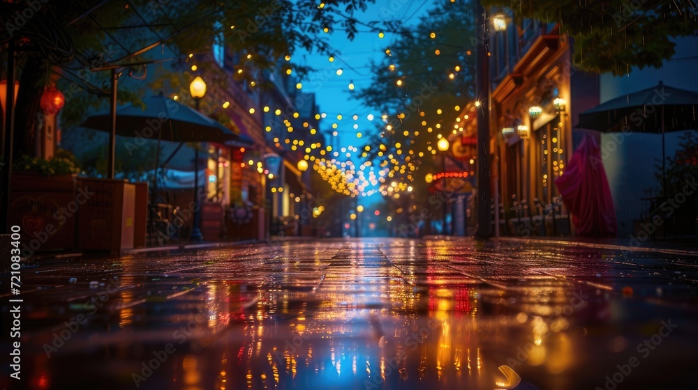 Rainy street with glistening lights reflecting on wet pavement, Ai Generated.