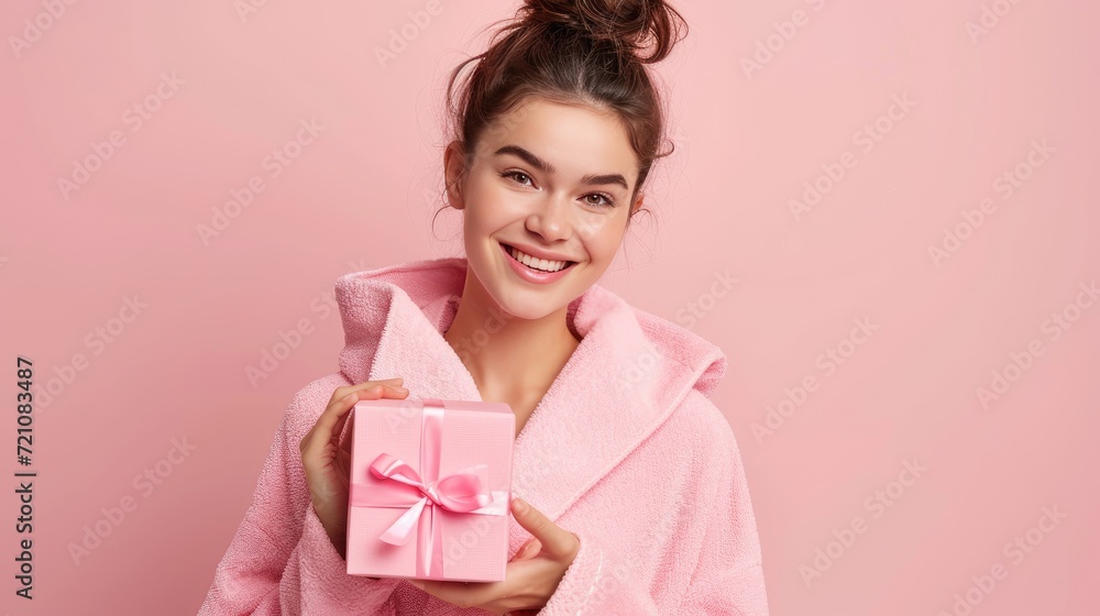 Pink-robed woman holding an open gift box, symbolizing joy and anticipation, Ai Generated Pink-robed woman holding an open gift box, symbolizing joy and anticipation, Ai Generated