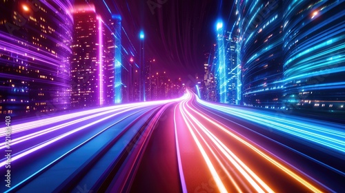 Navigate the information superhighway with neon streaming lights guiding the way, Ai Generated.