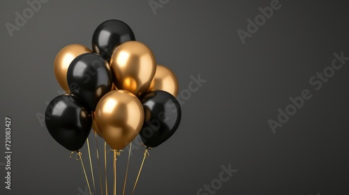 Black and golden balloons in a cluster against a dark grey background, Ai Generated