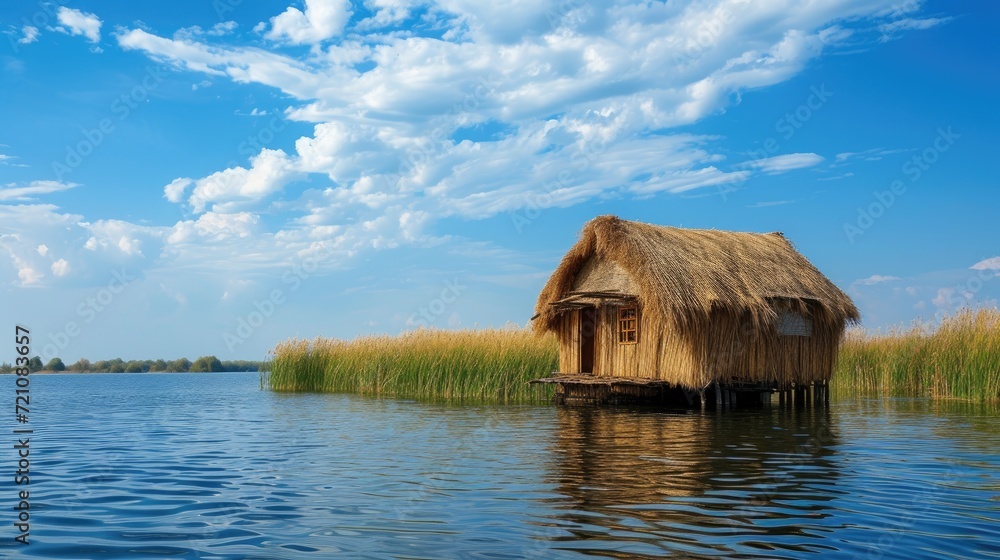 A charming thatched house perched atop tranquil waters, a serene and idyllic setting. Ai Generated A charming thatched house perched atop tranquil waters, a serene and idyllic setting. Ai Generated
