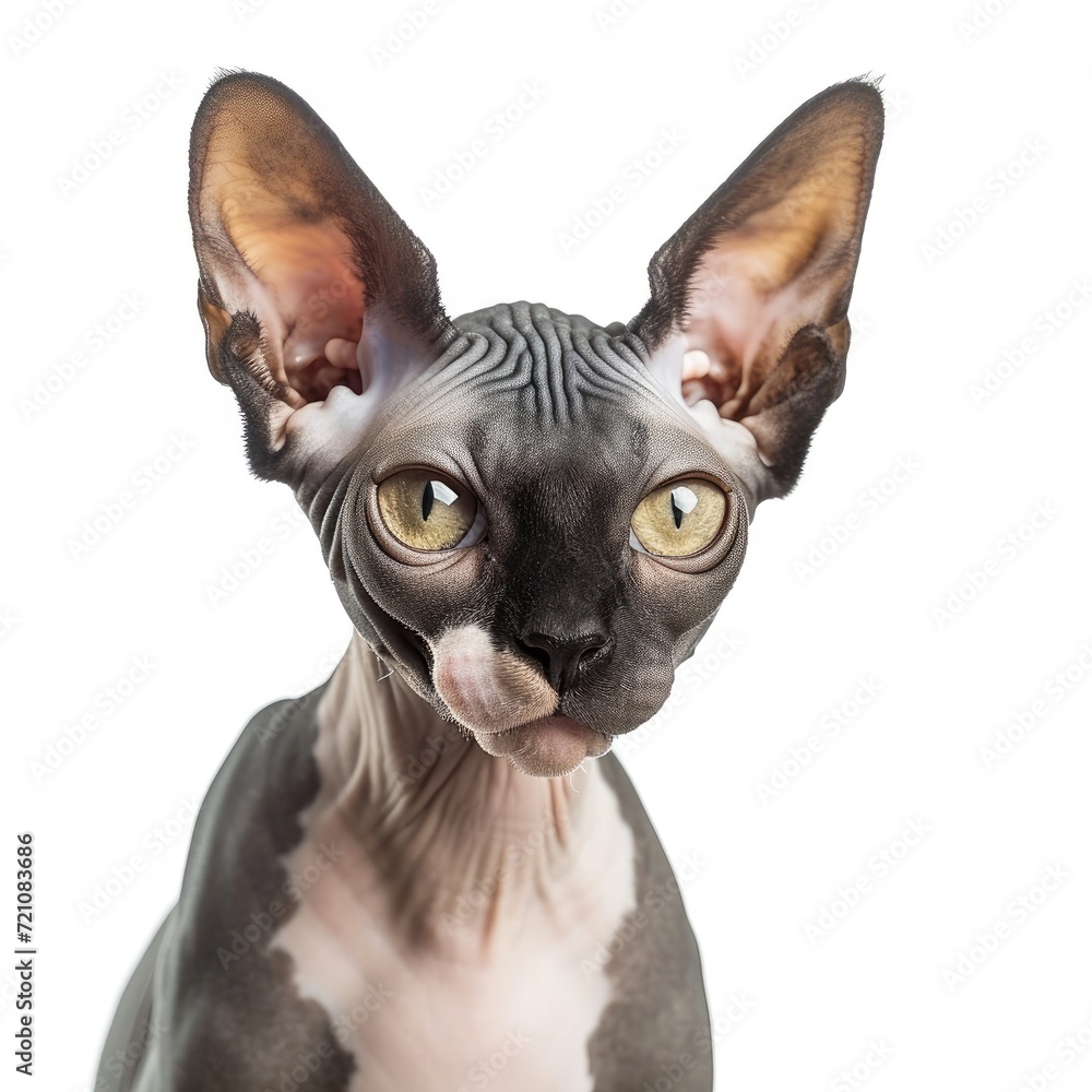 A sleek Sphynx cat, devoid of fur, stands out on a white background, Ai Generated