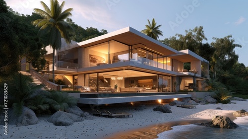 A 3D rendering of a modern beachfront house, a coastal dream come to life. Ai Generated