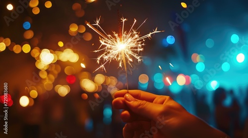 Hand Holding a Sparkler at a Vibrant Beach Party with Nighttime Firework Spectacle Ai Generated