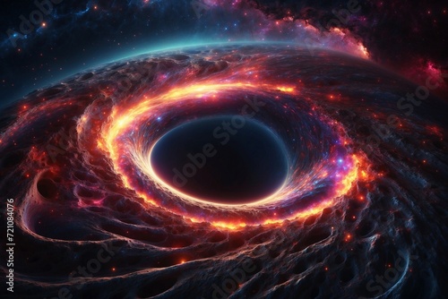  3D illustration of a colossal black hole surrounded by swirling cosmic gases, absorbing light in deep space. 