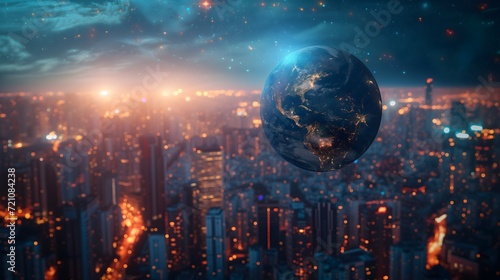 Earth in focus, A city lights backdrop harmonizes with business, politics, ecology, and media themes. NASA elements enhance this impactful stock photo.