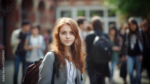 young girl student behind more students outside college, blur background