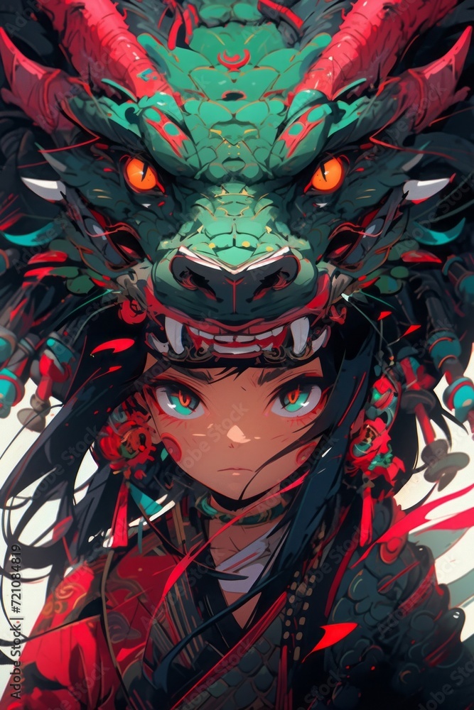 Naklejka premium 龍の被り物と女の子,Generative AI AI画像