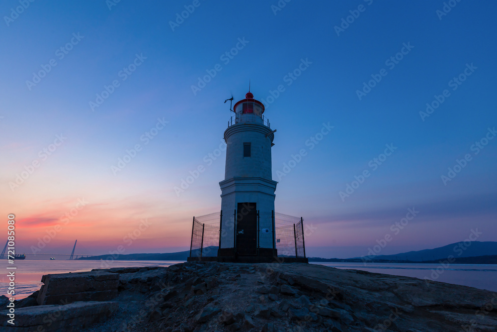 Winter Vladivostok. Tokarevsky lighthouse at dawn.