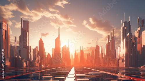 In a futuristic cityscape  sleek skyscrapers pierce the sky  adorned with holographic displays that paint the urban canvas with dynamic light. Hovering vehicles weave through the aerial highways  and 