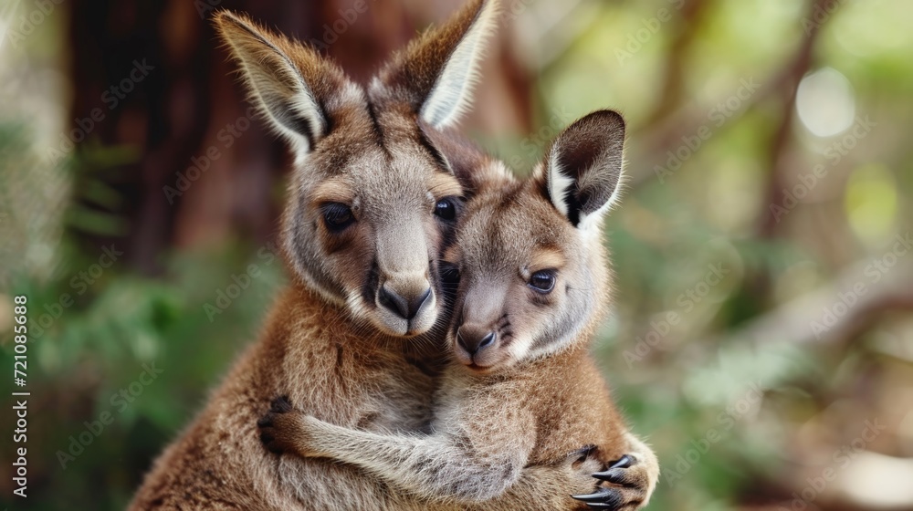Mother and Baby Kangaroo Hugging Mother and Baby Kangaroo Hugging