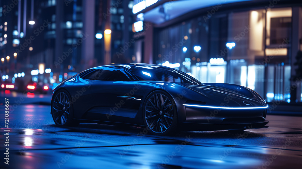 High-End Electric Sports Car on Wet City Streets at Blue Hour High-End Electric Sports Car on Wet City Streets at Blue Hour