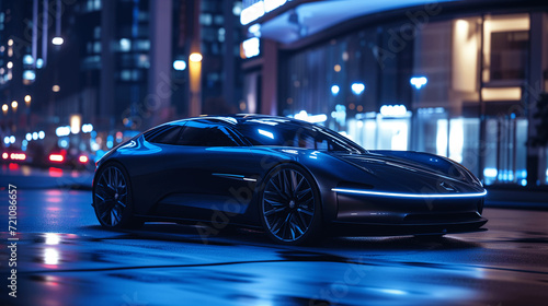 High-End Electric Sports Car on Wet City Streets at Blue Hour