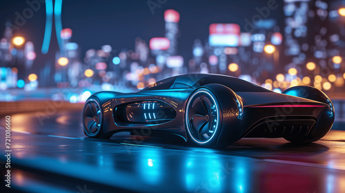 Revolutionary Electric Super Car Glowing in the City Nightlife © lin