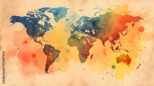 Global artistry  Dive into the enchanting details of a watercolor world map  a visual delight for travel enthusiasts and design projects.