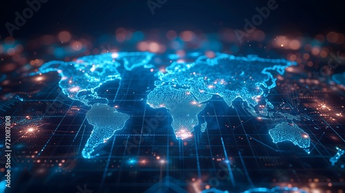 Futuristic mapping, Engage viewers with a holographic world map on a virtual screen, illustrating global business and advanced telecommunication technology concepts.