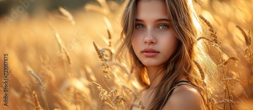 Captivating Beauty: Stunning Teen Girl Posing Serenely in a Field of Golden Straw