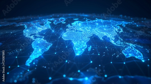 Virtual world map, Explore the future with a holographic global map on a virtual screen, embodying concepts of global business and telecommunication technology.