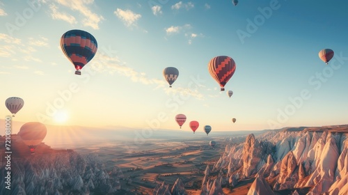 Hot air balloons flying over mountain at sunrise