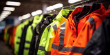 colorful shirts on hangers,,,Safety clothing display 