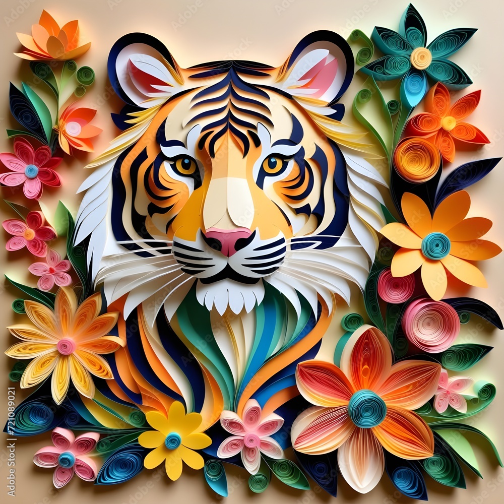 A Tiger design, made of layered paper, surrounded by colorful flowers