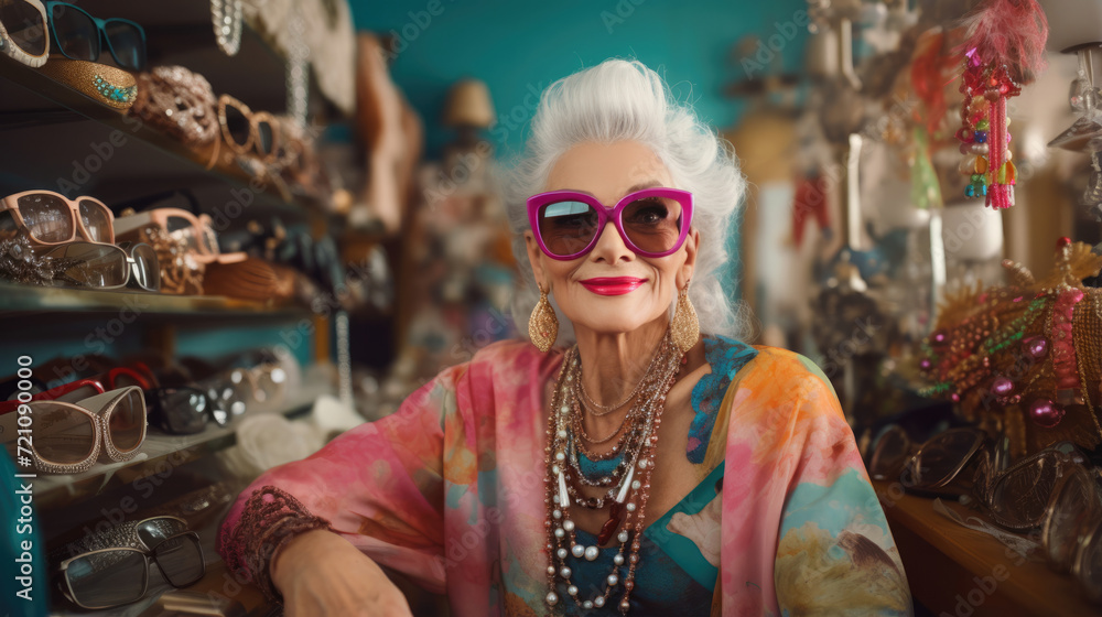 A senior fashionista showcases their unique thrift store finds,  proving that style is timeless and can be shared with an online fashion community