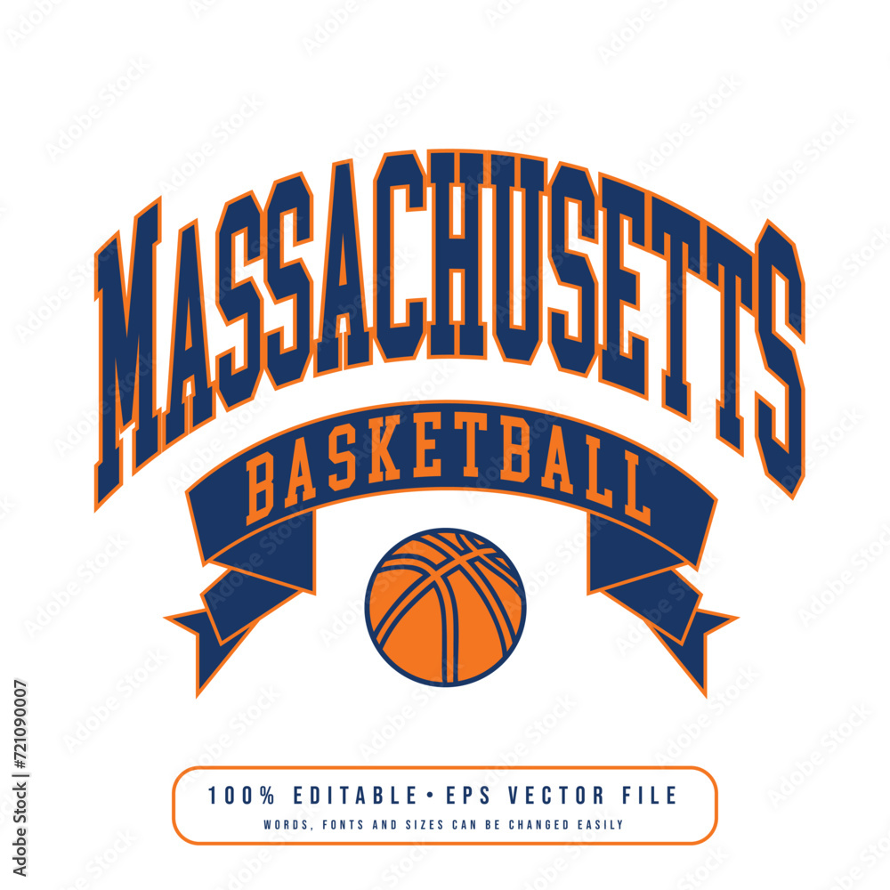 Massachusetts basketball design vector. Editable college t-shirt design printable text effect vector.
