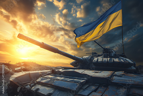 National armed force, military parade, army troop, tank with Ukraine flag. photo