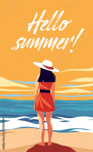 Vector flat bright succulent illustration banner. Holidays in paradise. A girl on vacation on the beach in a dress and hat. No face. Back view. Walk on the sea