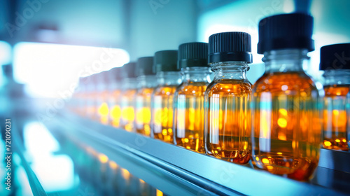 Row of Liquid-Filled Bottles on Shelf. Bottles with medicines on the conveyor. Selective focus. Close-up.