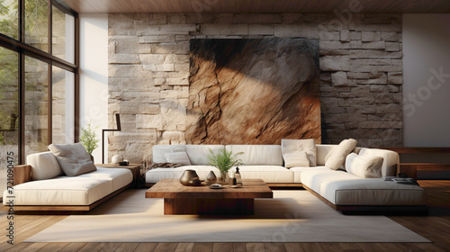 Clean lines and subtle textures define the white sofa against a terra cotta marble stone paneling wall.