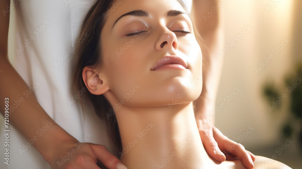 a woman with her eyes closed receives a facial massage while lying on a massage table, the masseur's hands work on massaging the woman's neck and chin. Rejuvenating contour facial massage a woman with her eyes closed receives a facial massage while lying on a massage table, the masseur's hands work on massaging the woman's neck and chin. Rejuvenating contour facial massage
