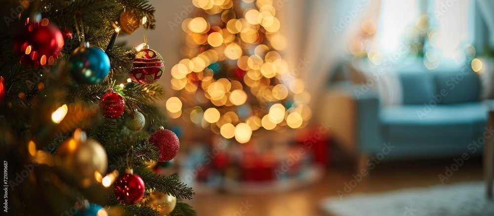 Vibrant Christmas Tree in a Defocused Living Room Background Creates a Festive Holiday Ambiance: Defocused Background, Living Room, Christmas Tree