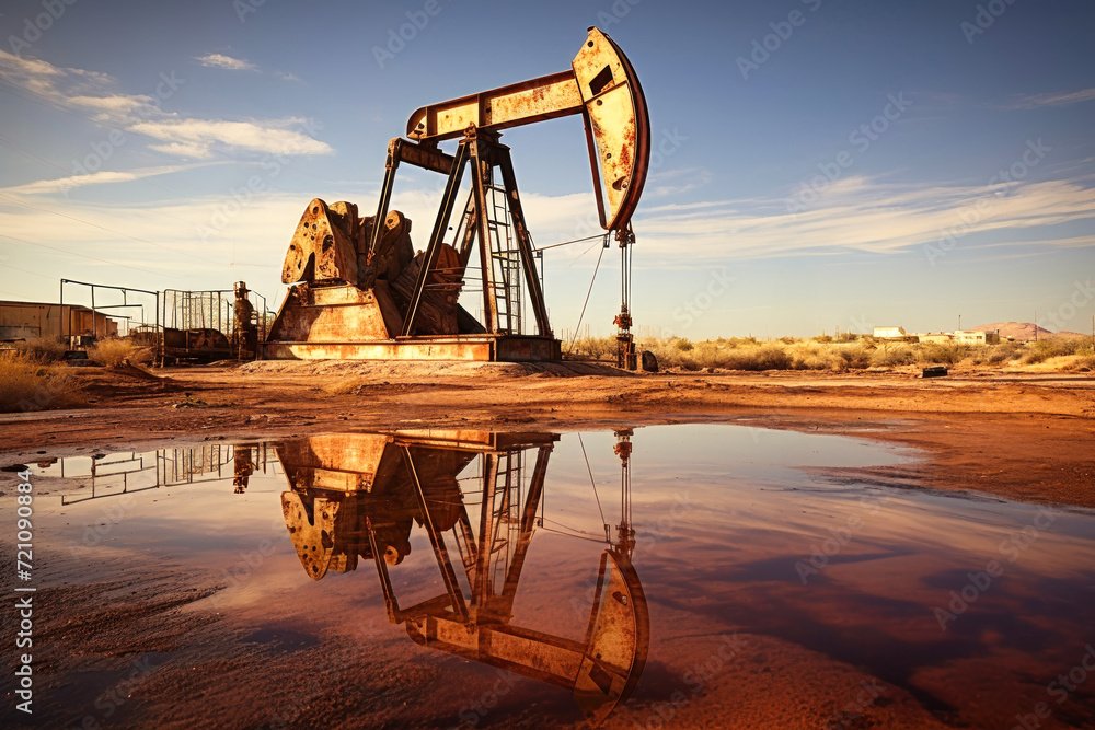 Drilling rigs in a desert oil field to extract fossil fuels and extract crude oil from the ground. Oil drilling rig and pump jack.