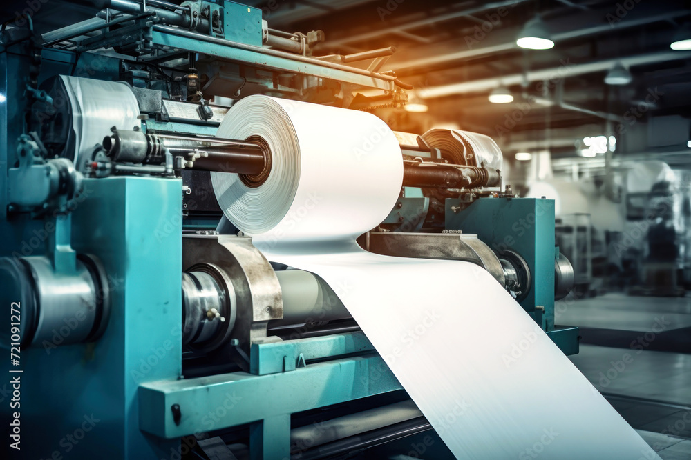 Factory for the production of paper and cardboard. Production equipment for paper production. Big machine. The machine makes paper. Factory for the production of paper and cardboard. Production equipment for paper production. Big machine. The machine makes paper.