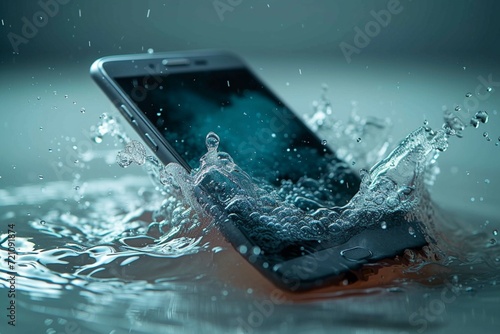 Digital art concept Smartphone sinking into water, telecommunication symbolism photo