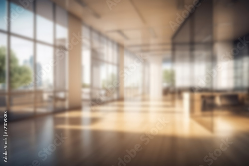 Blurred background of modern office with panoramic windows in pleasant natural beige and brown tones. © Dinara