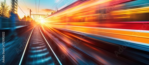Blurred motion of sunrise passenger train on tracks.