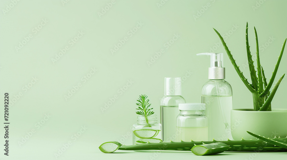Aloe vera skincare flat lay, bottles and jars on a calming sea green surface with aloe leaves Aloe vera skincare flat lay, bottles and jars on a calming sea green surface with aloe leaves