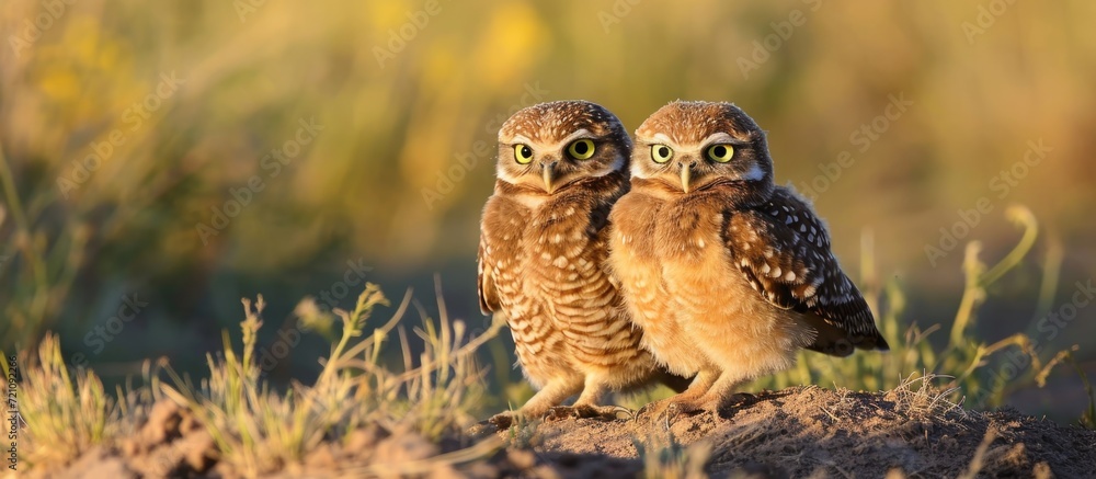 Obraz premium Two Burrowing Owls, one adult and one offspring, on the ground.