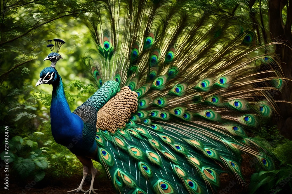 Obraz premium A peacock flaunting its radiant plumage in a jungle setting, perfectly lit to showcase the bird's natural grace amidst the lush and diverse surroundings
